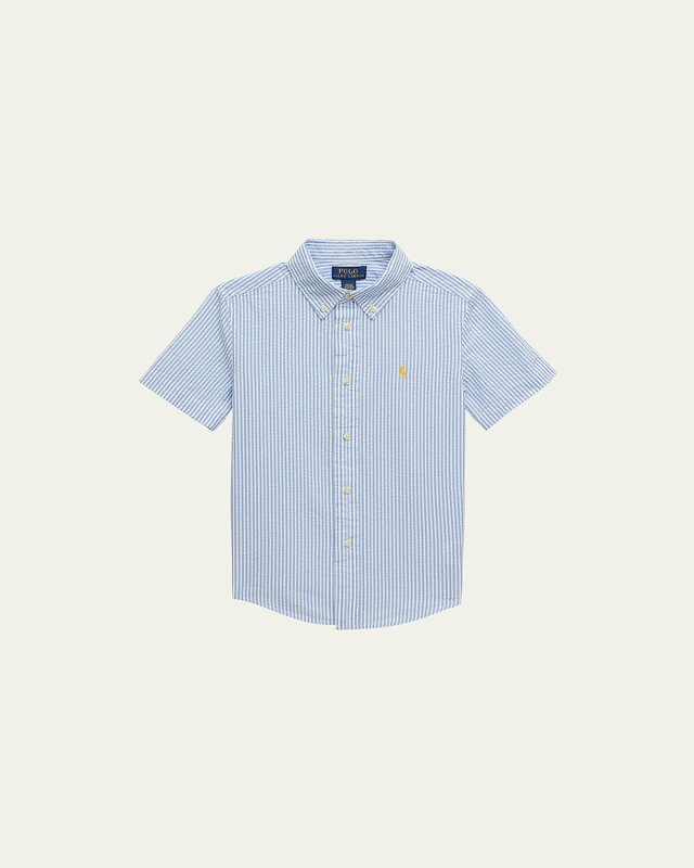 Boy's Striped Seersucker Short-Sleeve Shirt, Size 5-7